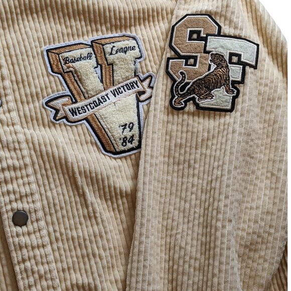H&M Varsity Corduroy Shirt Jacket Mens Medium Snap Button Embroidered SF Tiger - Picture 3 of 16